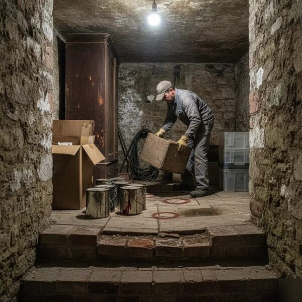 Worker lifting boxes during cellar clearance in a Tunbridge Wells Victorian cellar