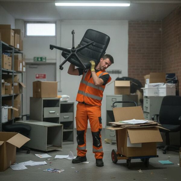 Worker clearing broken office furniture during commercial waste clearance in Tunbridge Wells