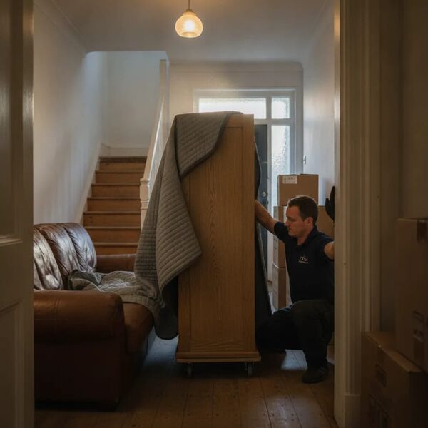 Remover loading oak wardrobe onto dolly during house clearance in Tunbridge Wells