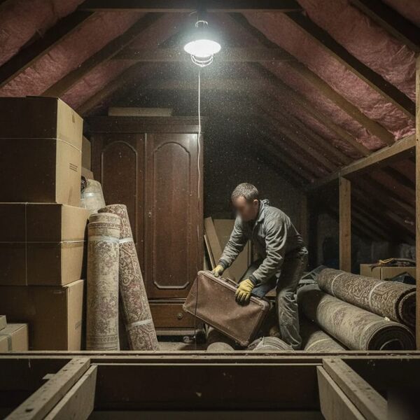 Worker clearing cluttered loft during house clearance in Tunbridge Wells
