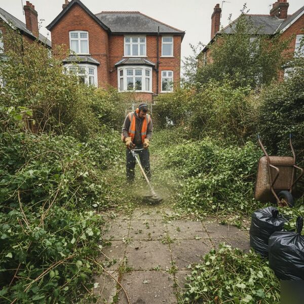 Worker clearing overgrown garden brambles with brushcutter in Tunbridge Wells